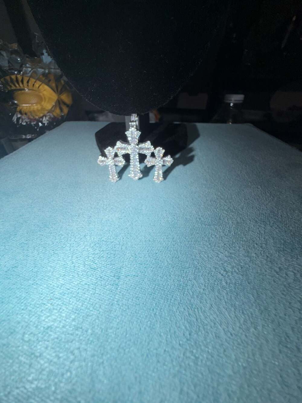 Thermal infused over brass 14k white gold triple cross ice cz stones